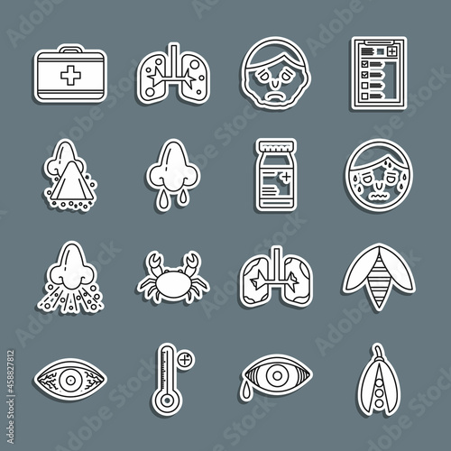 Set line Kidney beans, Bee, Man with excessive sweating, Inflammation on face, Runny nose, First aid kit and Medicine bottle and pills icon. Vector