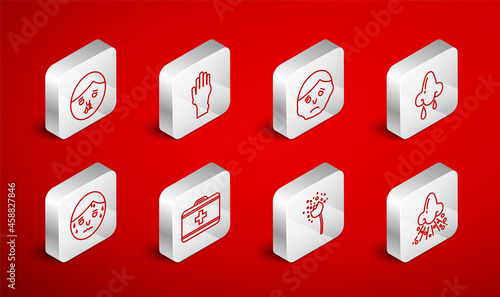 Set line Runny nose, Hand with psoriasis or eczema, Inflammation on face, Flower producing pollen, First aid kit and Man excessive sweating icon. Vector