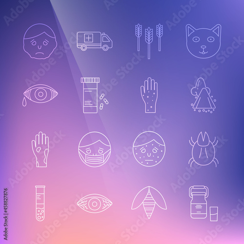 Set line Can container for milk, Parasite mite, Runny nose, Wheat, Medicine bottle and pills, Reddish eye allergic conjunctivitis, Inflammation face and Hand with psoriasis eczema icon. Vector