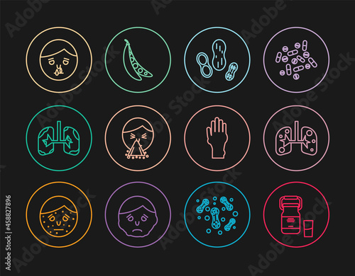 Set line Can container for milk, Lungs, Peanut, Handkerchief to his runny nose, Runny, with psoriasis eczema and Kidney beans icon. Vector