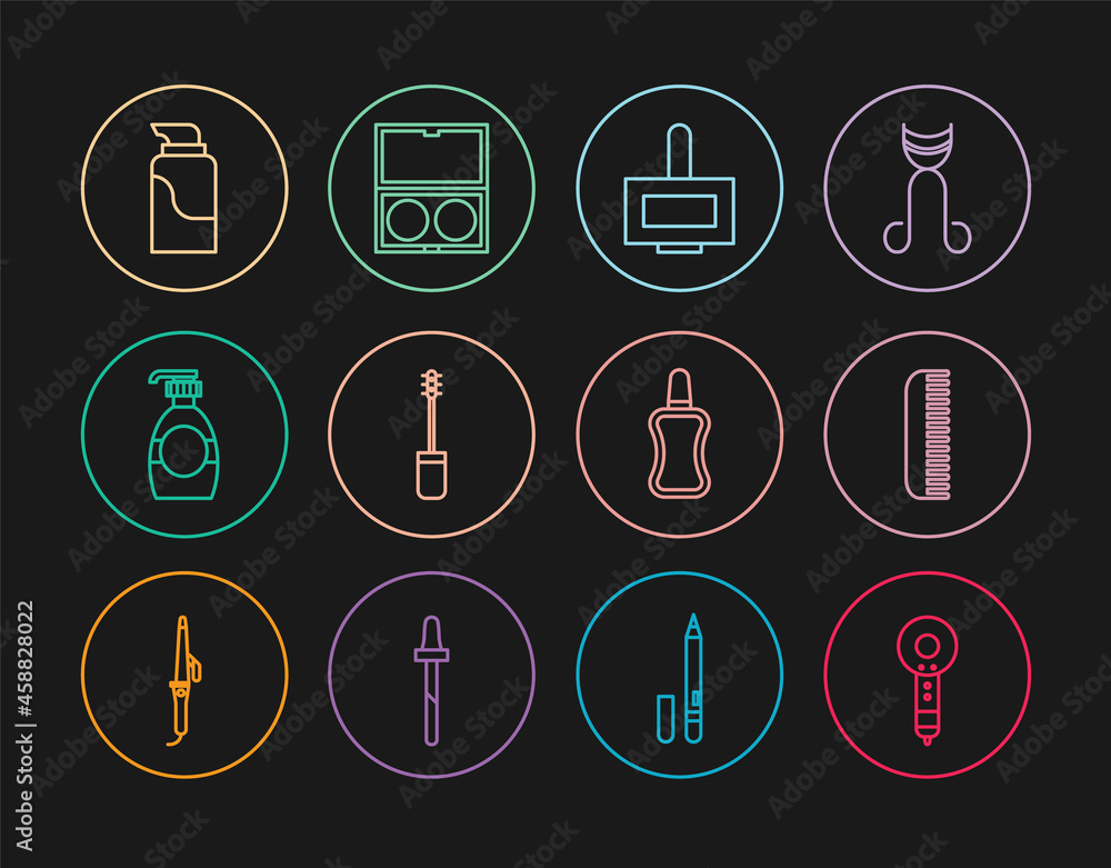 Set line Hair dryer, Hairbrush, Nail polish bottle, Mascara, Bottle of liquid soap, Cream cosmetic tube, and Makeup powder with mirror icon. Vector Set line Hair dryer, Hairbrush, Nail polish bottle, Mascara, Bottle of liquid soap, Cream cosmetic tube, and Makeup powder with mirror icon. Vector