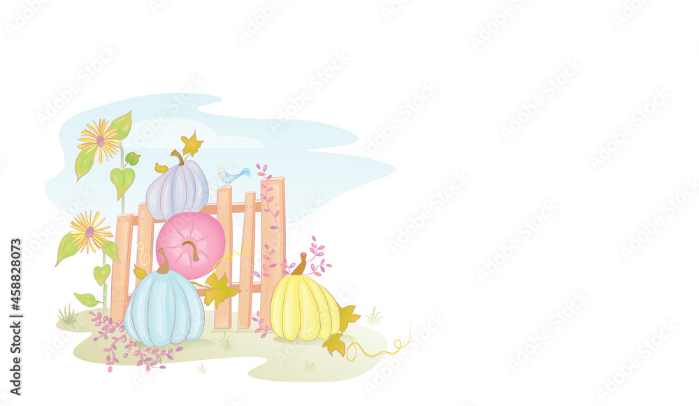 Autumn seasonal background with pumpkins and sunflowers on wooden fence vector illustration