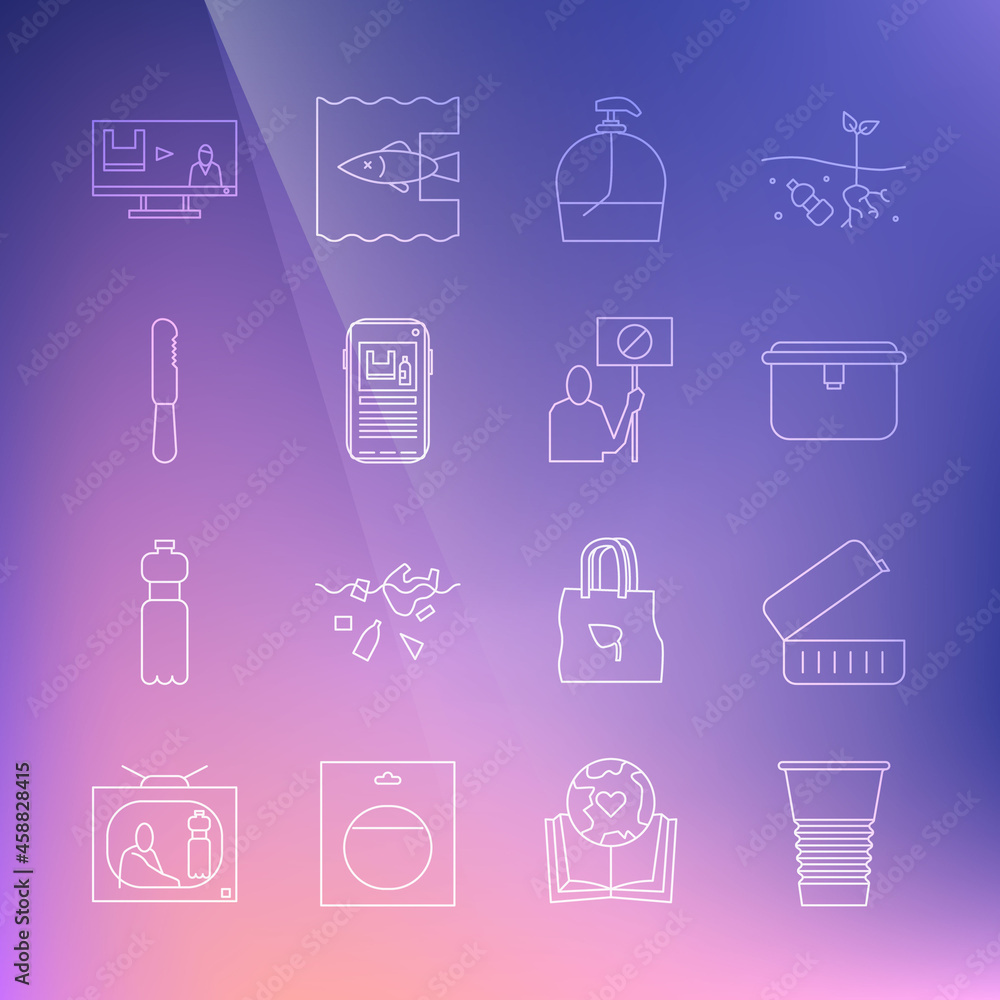 Set line Paper glass, Lunch box, Bottle of liquid soap, Stop plastic pollution, Disposable knife, and Nature saving protest icon. Vector Set line Paper glass, Lunch box, Bottle of liquid soap, Stop plastic pollution, Disposable knife, and Nature saving protest icon. Vector