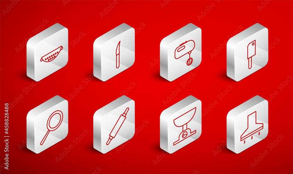 Set line Kitchen extractor fan, Knife, Electric mixer, Meat chopper, Electronic scales, colander, Rolling pin and Frying pan icon. Vector Set line Kitchen extractor fan, Knife, Electric mixer, Meat chopper, Electronic scales, colander, Rolling pin and Frying pan icon. Vector
