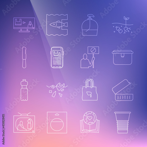 Set line Paper glass, Lunch box, Bottle of liquid soap, Stop plastic pollution, Disposable knife, and Nature saving protest icon. Vector