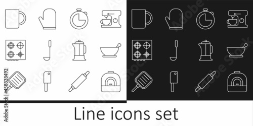 Set line Oven, Mortar and pestle, Kitchen timer, ladle, Gas stove, Coffee cup, French press and glove icon. Vector