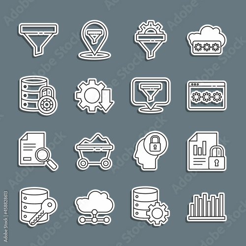 Set line Pie chart infographic, Document and lock, Password protection, Sales funnel with gear, Cost reduction, Server security, and Location sales icon. Vector