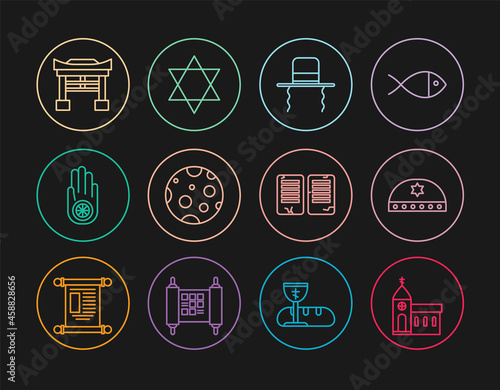 Set line Church building, Jewish kippah with star of david, Orthodox jewish hat sidelocks, Moon, Jainism or Jain Dharma, Japan Gate, The commandments and Star David icon. Vector