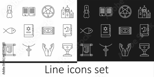Set line Christian chalice, Holy book of Koran, Pentagram in circle, Jewish torah, fish, Priest, Traditional carpet and The commandments icon. Vector