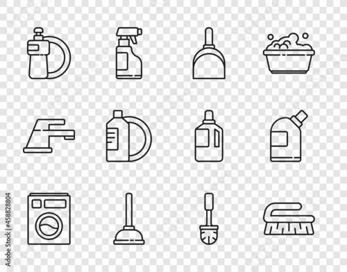 Set line Washer, Brush for cleaning, Dustpan, Rubber plunger, Dishwashing liquid bottle and plate, Toilet brush and Bottles agent icon. Vector