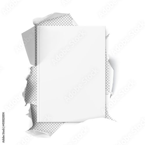 Blank cover book mockup in paper  torn hole on white background. Vector illustration. Ready to use as template for your design. EPS10.	