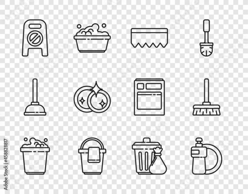 Set line Bucket with soap suds, Dishwashing liquid bottle and plate, Sponge bubbles, rag, Wet floor cleaning progress, Washing dishes, Trash can garbage bag and Handle broom icon. Vector