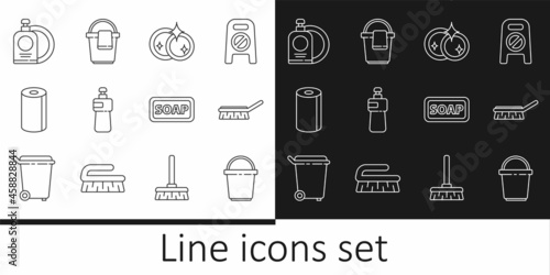Set line Bucket, Brush for cleaning, Washing dishes, Dishwashing liquid bottle, Paper towel roll, and plate, Bar of soap and with rag icon. Vector