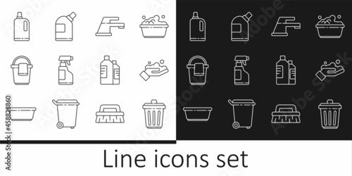 Set line Trash can, Washing hands with soap, Water tap, Spray bottle detergent liquid, Bucket rag, Fabric softener, Bottles for cleaning agent and icon. Vector