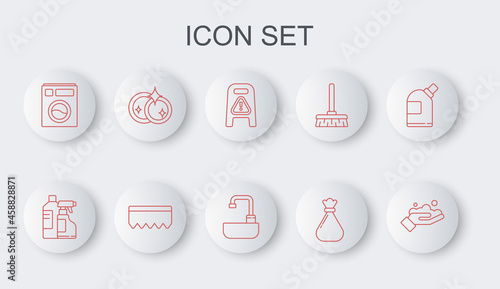 Set line Washing hands with soap, Bottles for cleaning agent, Wet floor progress, Garbage bag, Washer, dishes, Sponge bubbles and Washbasin water tap icon. Vector