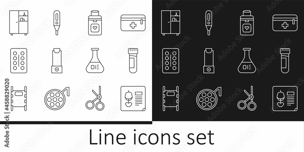 Set line X-ray shots, Test tube with blood, Organ container, Inhaler, Pills blister pack, Medicine cabinet, and flask and Medical digital thermometer icon. Vector