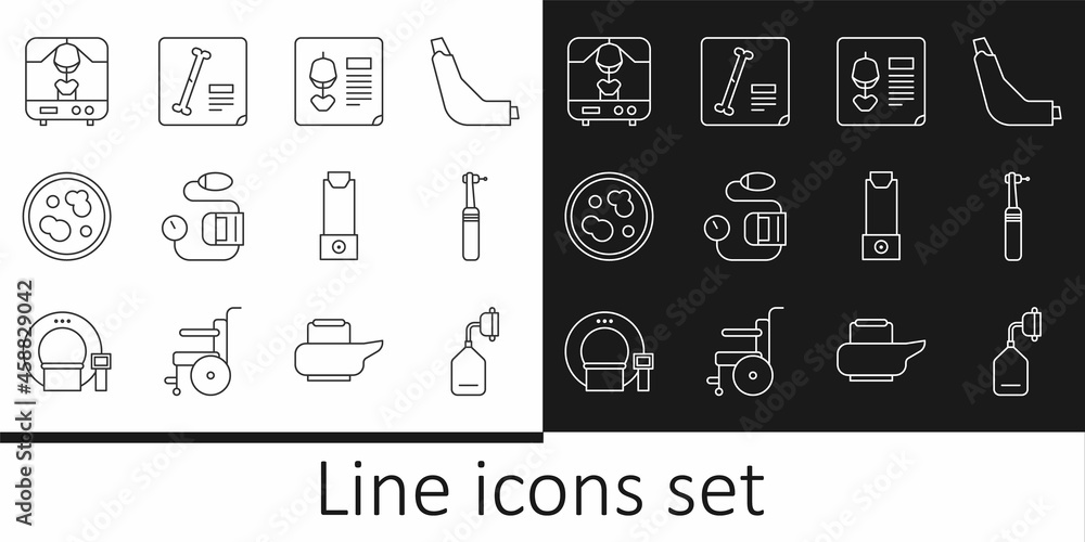 Set line Medical oxygen mask, Tooth drill, X-ray shots, Blood pressure, Petri dish with bacteria, machine, Inhaler and icon. Vector Set line Medical oxygen mask, Tooth drill, X-ray shots, Blood pressure, Petri dish with bacteria, machine, Inhaler and icon. Vector