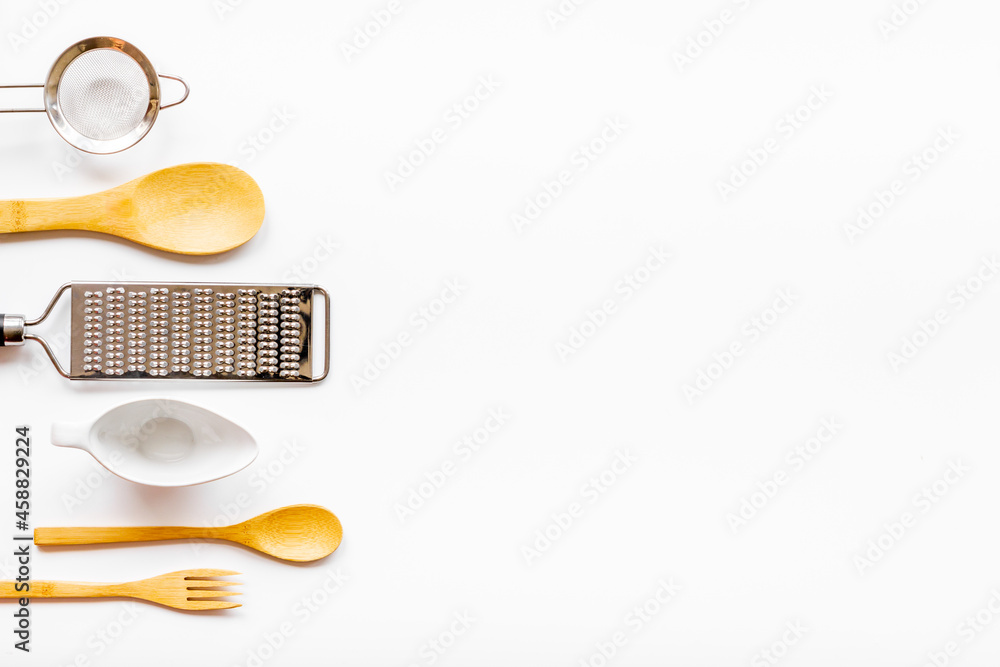 Kitchen utensils and cookware - cooking background, top view