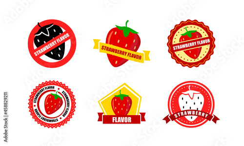 Set of round bright labels with red strawberry. red berry in circle