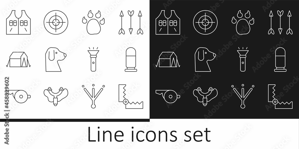 Set line Trap hunting, Bullet, Paw print, Dog, Tourist tent, Hunting jacket, Flashlight and Target sport icon. Vector