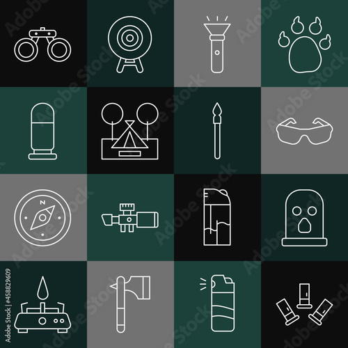Set line Cartridges, Balaclava, Glasses, Flashlight, Tourist tent, Bullet, Binoculars and Medieval spear icon. Vector