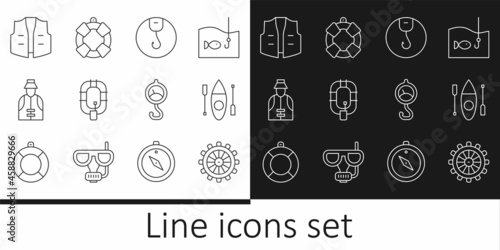 Set line Ship steering wheel, Kayak or canoe, Fishing hook, Inflatable boat, Fisherman, jacket, Spring scale and Lifebuoy icon. Vector
