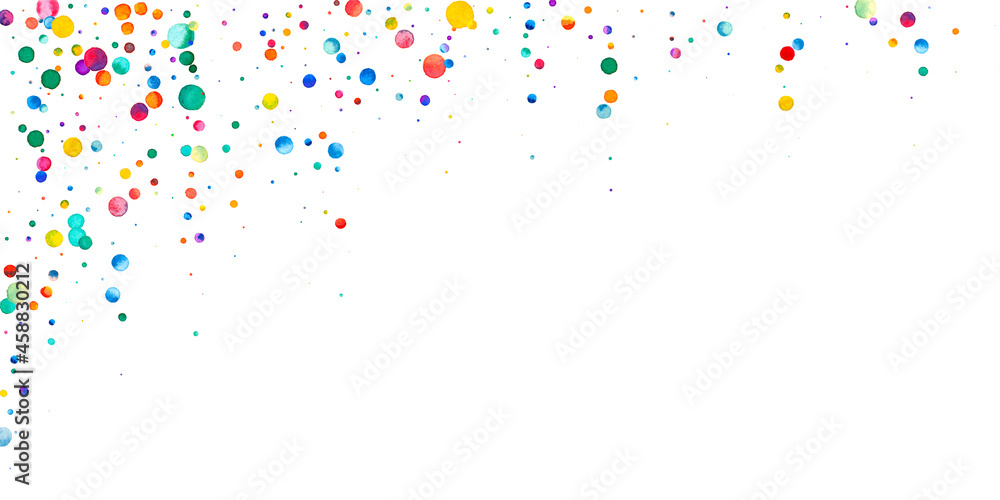 Fototapeta premium Watercolor confetti on white background. Adorable rainbow colored dots. Happy celebration wide colorful bright card. Decent hand painted confetti.
