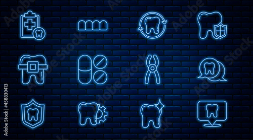 Set line Dental clinic location, Tooth, whitening, Painkiller tablet, Teeth with braces, card, pliers and Dentures model icon. Vector