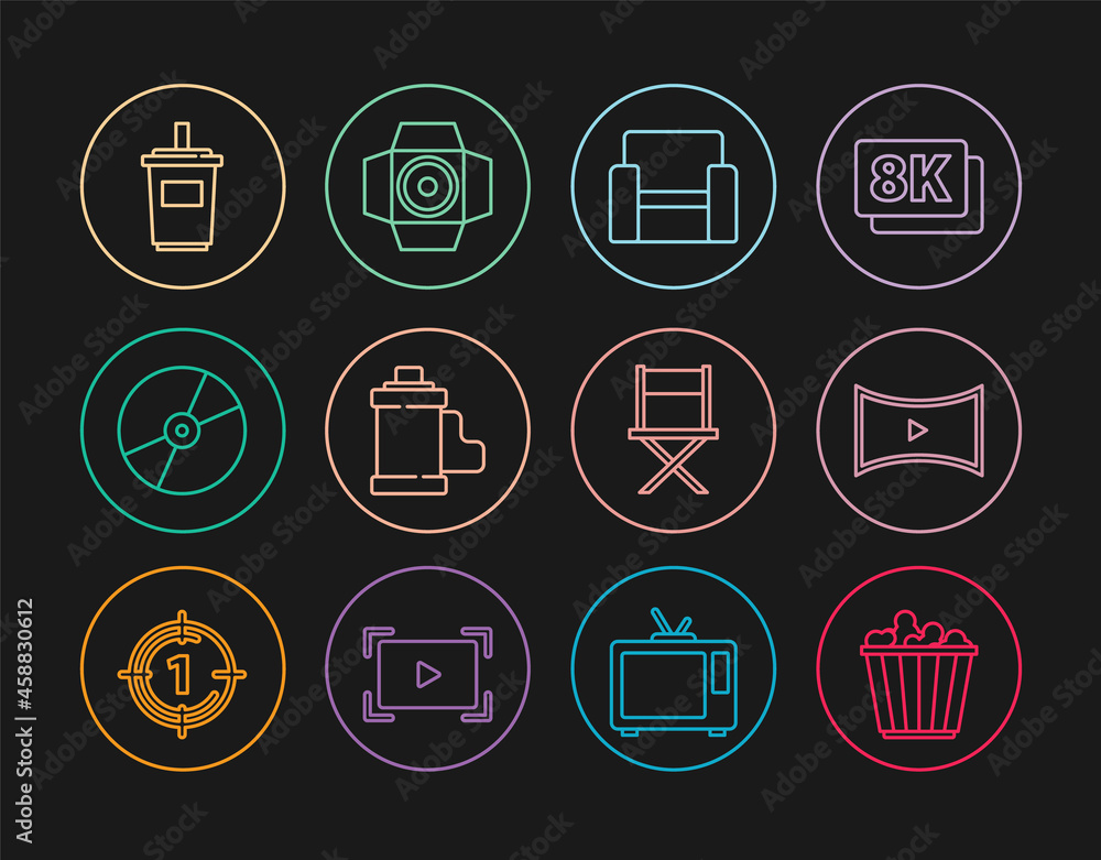 Set line Popcorn in box, Online play video, Cinema chair, Camera film roll cartridge, CD DVD disk, Paper glass with water, Director movie and Movie spotlight icon. Vector Set line Popcorn in box, Online play video, Cinema chair, Camera film roll cartridge, CD DVD disk, Paper glass with water, Director movie and Movie spotlight icon. Vector