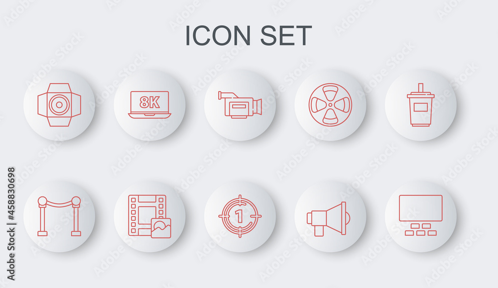 Set line Cinema auditorium with seats, Rope barrier, camera, Megaphone, Movie spotlight, Laptop 8k, Play Video and Old film movie countdown frame icon. Vector Set line Cinema auditorium with seats, Rope barrier, camera, Megaphone, Movie spotlight, Laptop 8k, Play Video and Old film movie countdown frame icon. Vector