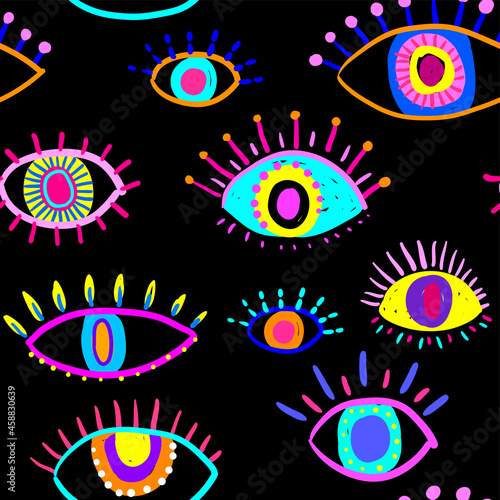 Bright seamless pattern with colorful eyes. Texture background. Wallpaper for teenager girls. Women's fashion style