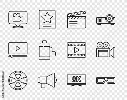 Set line Film reel, 3D cinema glasses, Movie clapper, Megaphone, Camera and location, film roll cartridge, Screen tv with 8k and Cinema camera icon. Vector