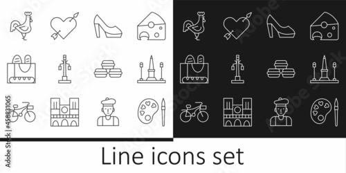 Set line Paint brush with palette, Place De La Concorde, Woman shoe, Street light, French baguette bread, rooster, Macaron cookie and Amour heart and arrow icon. Vector