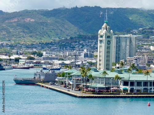 view of the Aloha Tower from the port in honolulu hawaii 