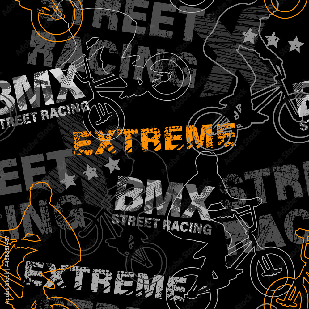 Abstract seamless grunge pattern for guys. Urban style modern background with boy on bicycle BMX and skateboards. Sport extreme style creative wallpaper