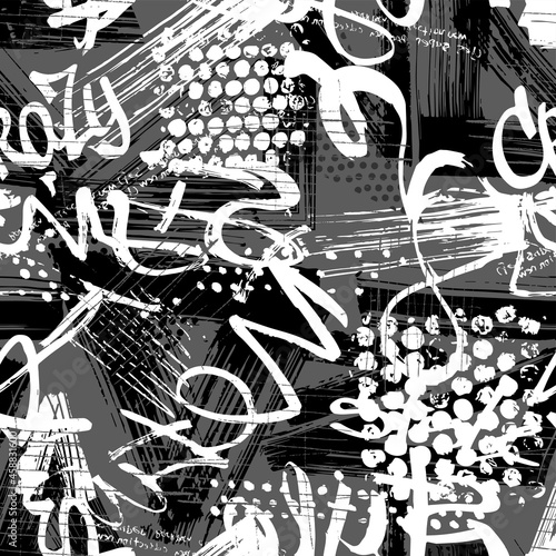 Abstract seamless chaotic pattern with urban graffiti words, scuffed and sprays. Grunge texture background. Wallpaper for boys. Fashion sport style