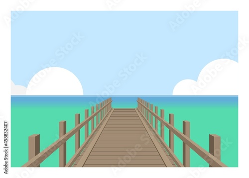 Beach wooden pier. Simple flat illustration in perspective view.
