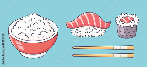 Rice bowl and sushi nigiri, maki roll, chopsticks.