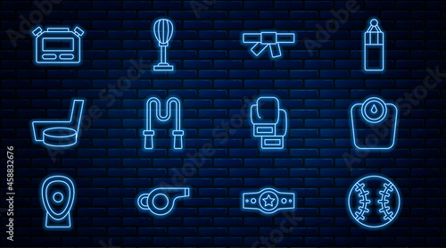 Set line Baseball ball, Bathroom scales, Black karate belt, Jump rope, Ice hockey stick and puck, Stopwatch, Boxing glove and Punching bag icon. Vector
