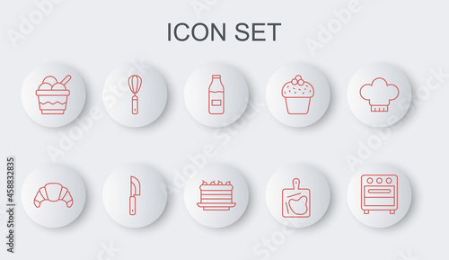 Set line Oven, Croissant, Bottle with milk, Cutting board, Ice cream bowl, Kitchen whisk, Knife and Cake icon. Vector