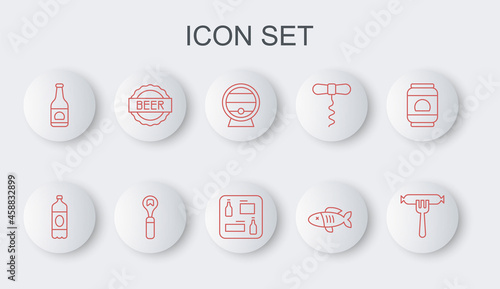 Set line Sausage on the fork, Plastic beer bottle, Wooden barrel rack, Dried fish, Beer, Bottle cap with, opener and menu icon. Vector