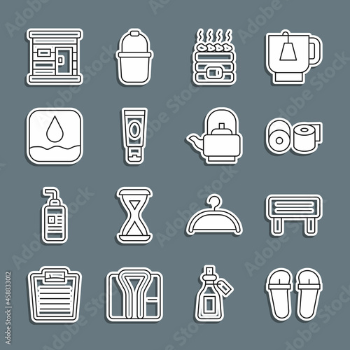 Set line Flip flops, Sauna wood bench, Toilet paper roll, Hot sauna stones, Cream or lotion cosmetic tube, Water drop, wooden bathhouse and Kettle with handle icon. Vector