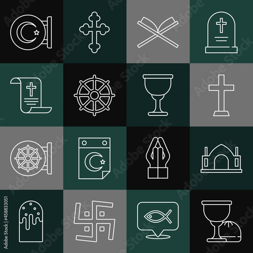 Set line Holy grail or chalice, Hindu spiritual temple, Christian cross, book of Koran, Dharma wheel, Decree, paper, parchment, scroll, Star and crescent and icon. Vector