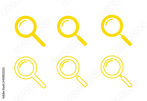 Magnifying glass instrument set icon, yellow magnifying sign, glass, magnifier or loupe sign, search – stock vector.
