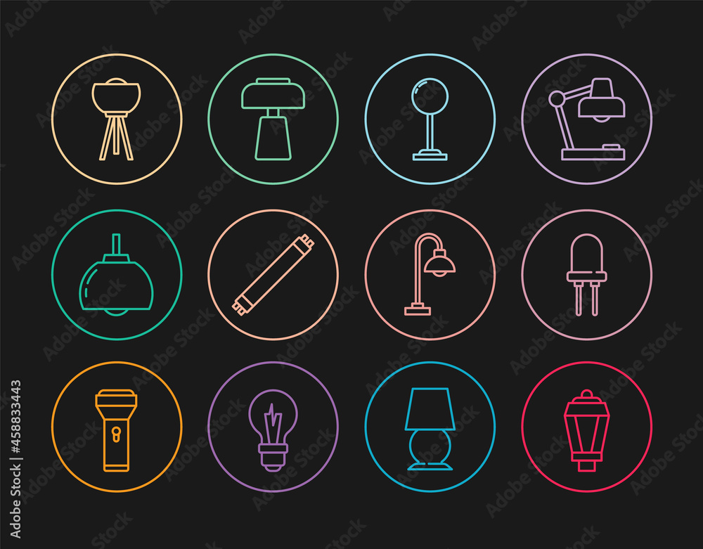Set line Garden light lamp, Light emitting diode, Floor, Fluorescent, Chandelier, and Table icon. Vector Set line Garden light lamp, Light emitting diode, Floor, Fluorescent, Chandelier, and Table icon. Vector