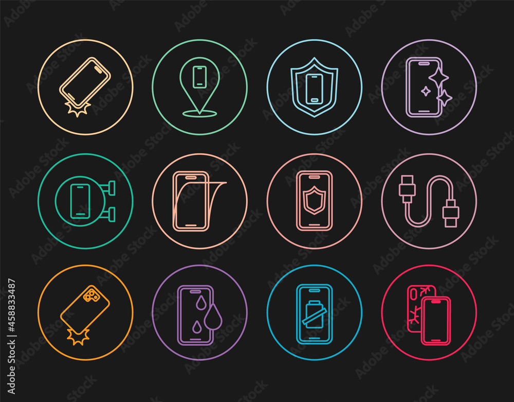 Set line Mobile with broken screen, USB cable cord, shield, Glass protector, Phone repair service, Shockproof phone, and icon. Vector Set line Mobile with broken screen, USB cable cord, shield, Glass protector, Phone repair service, Shockproof phone, and icon. Vector