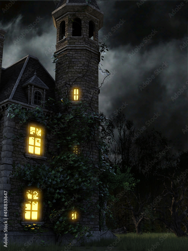 3d-illustration of an scary castle in moonlight for background usage