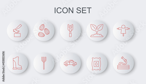 Set line Garden hose, Waterproof rubber boot, rake, Pack full seeds plant, Wooden axe, Seeds, pitchfork and Pickup truck icon. Vector