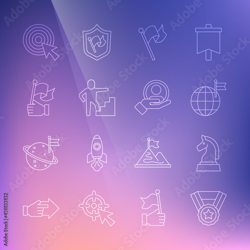 Set line Medal, Chess, Planet with flag, Flag, Stair finish, Hand holding, Target arrow and for search people icon. Vector