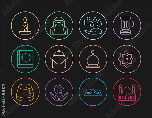 Set line Muslim Mosque, Octagonal star, Wudhu, Table food, Holy book of Koran, Burning candle, and woman niqab icon. Vector